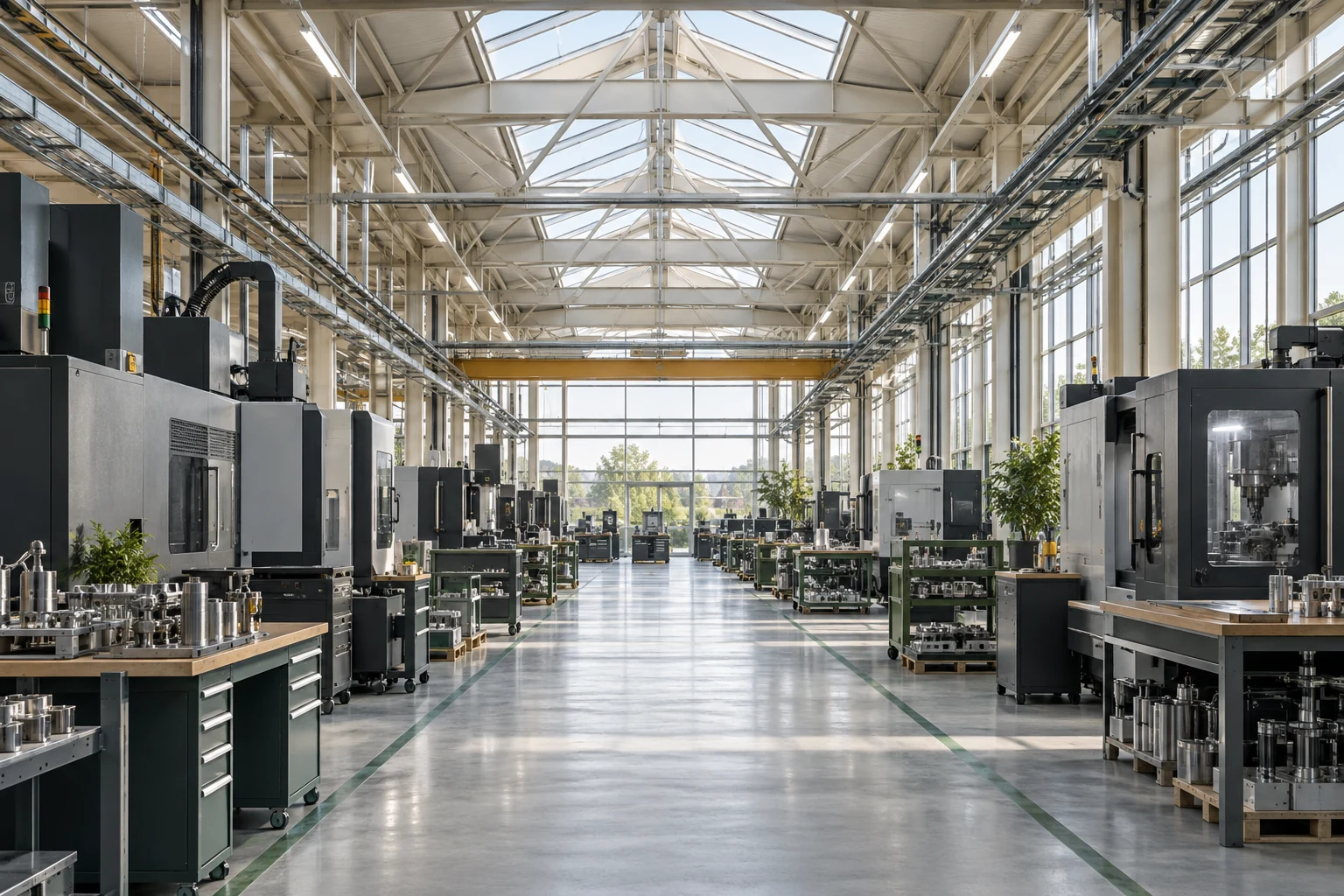 Illustrative manufacturing floor with organized equipment and overhead services